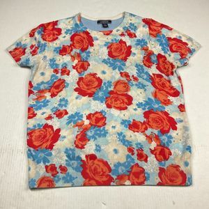 Lands End Womens Short Sleeve Sweater Floral Business Casual  Pullover L Large